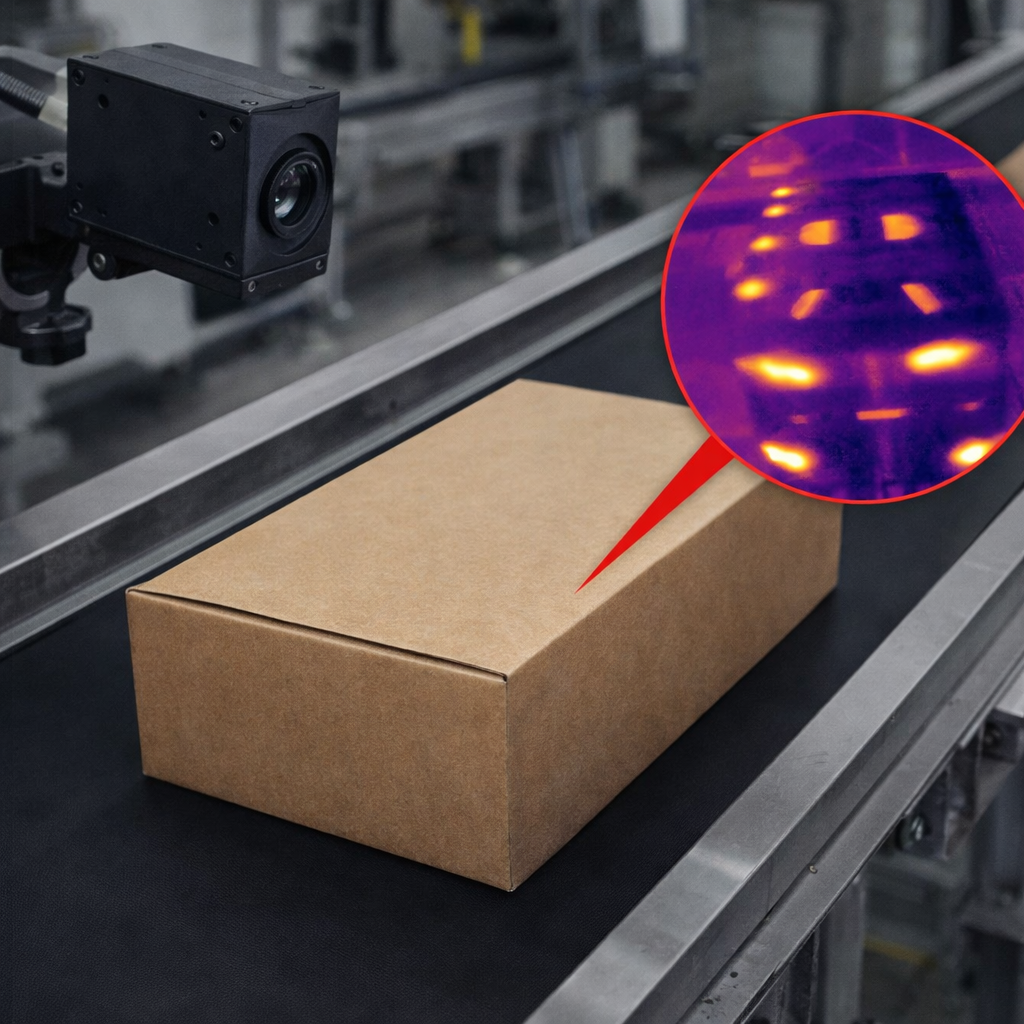 Thermografie Kamera prüft Heißleimpunkte an Paket auf Förderband