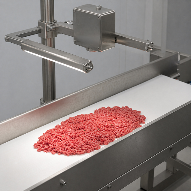 Bild zeigt Hackfleisch auf Förderband bei Fremdkörperdetektion
