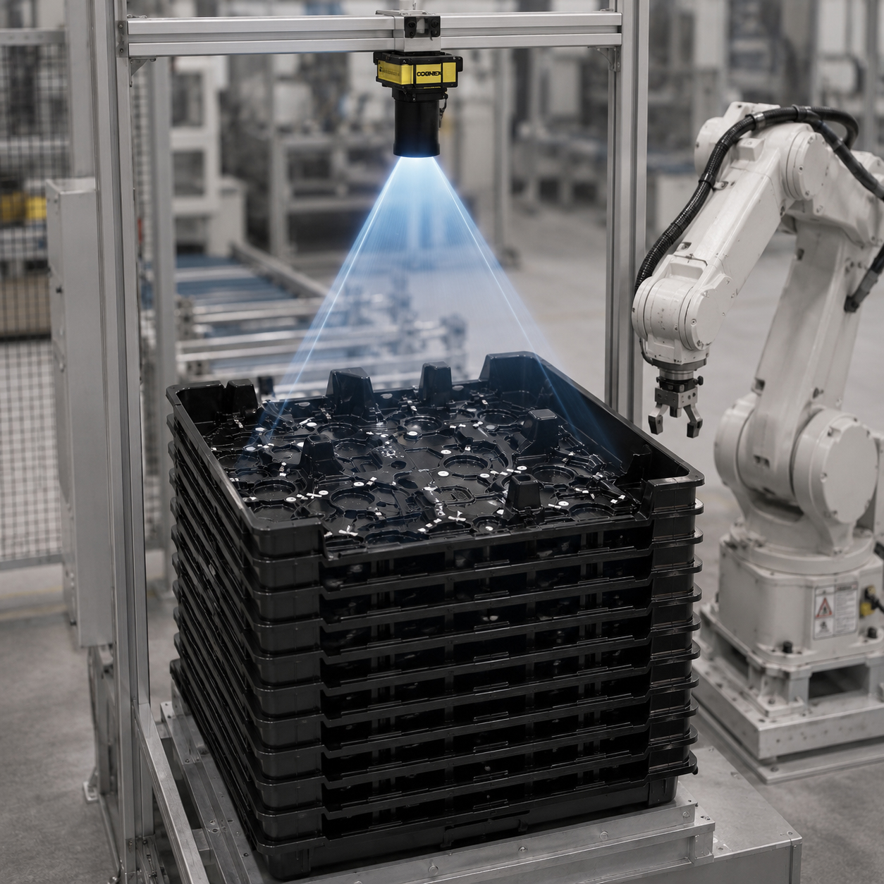 Bild zeigt automatisiertes Tray-Handling, Warenträger und Kamera-System